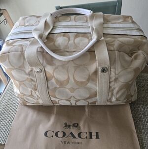Coach Beige/Tan Signature Canvas Weekender Duffle Bag With White Leather